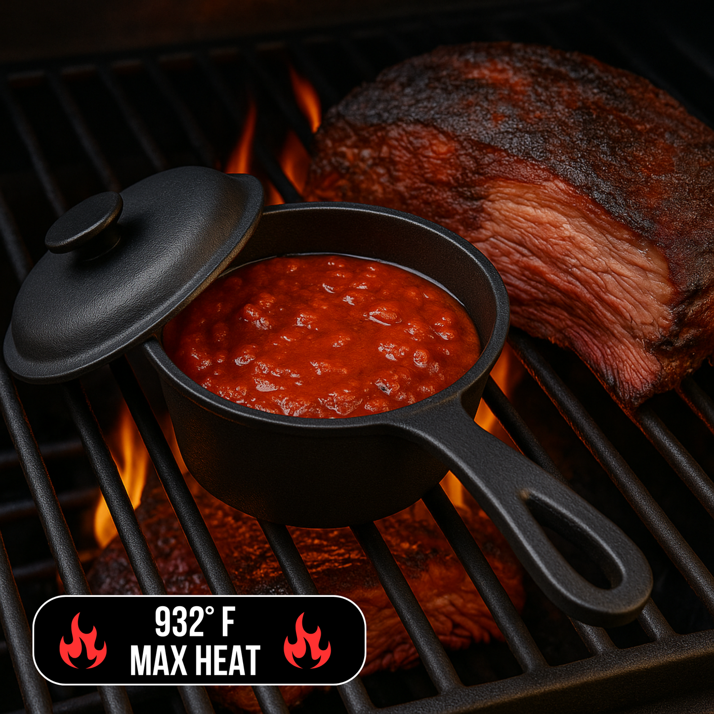 1 QT Cast Iron Sauce Pot with Lid & BBQ Brush – Perfect for Melting Butter, Simmering Sauce & Cheese | Built for Grilling, Smoking & Camping – 32 Oz Capacity