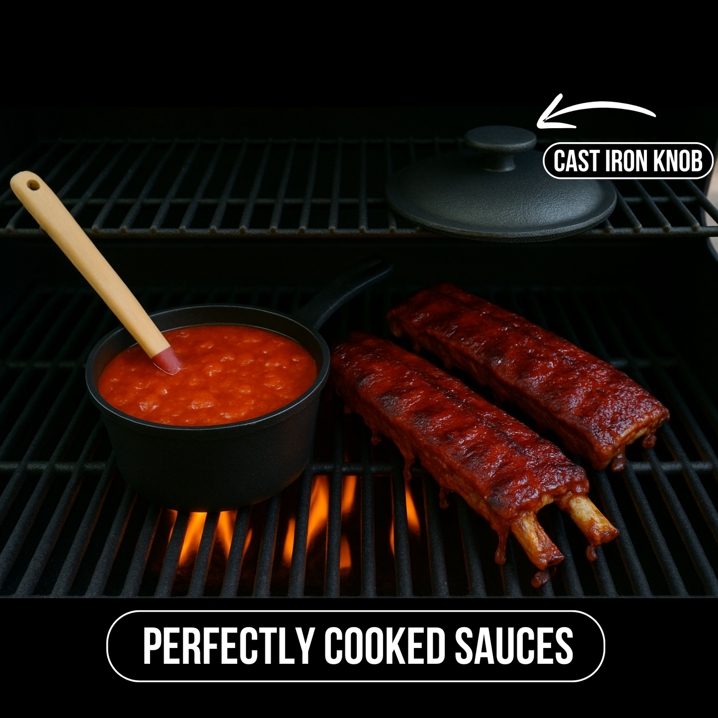 1 QT Cast Iron Sauce Pot with Lid & BBQ Brush – Perfect for Melting Butter, Simmering Sauce & Cheese | Built for Grilling, Smoking & Camping – 32 Oz Capacity