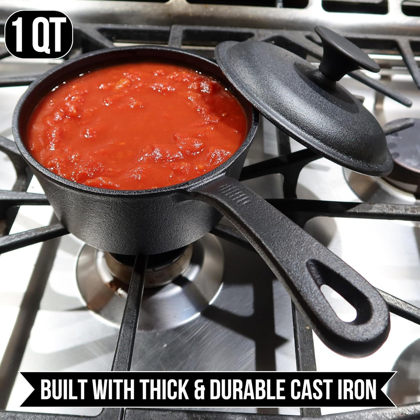 1 QT Cast Iron Sauce Pot with Lid & BBQ Brush – Perfect for Melting Butter, Simmering Sauce & Cheese | Built for Grilling, Smoking & Camping – 32 Oz Capacity