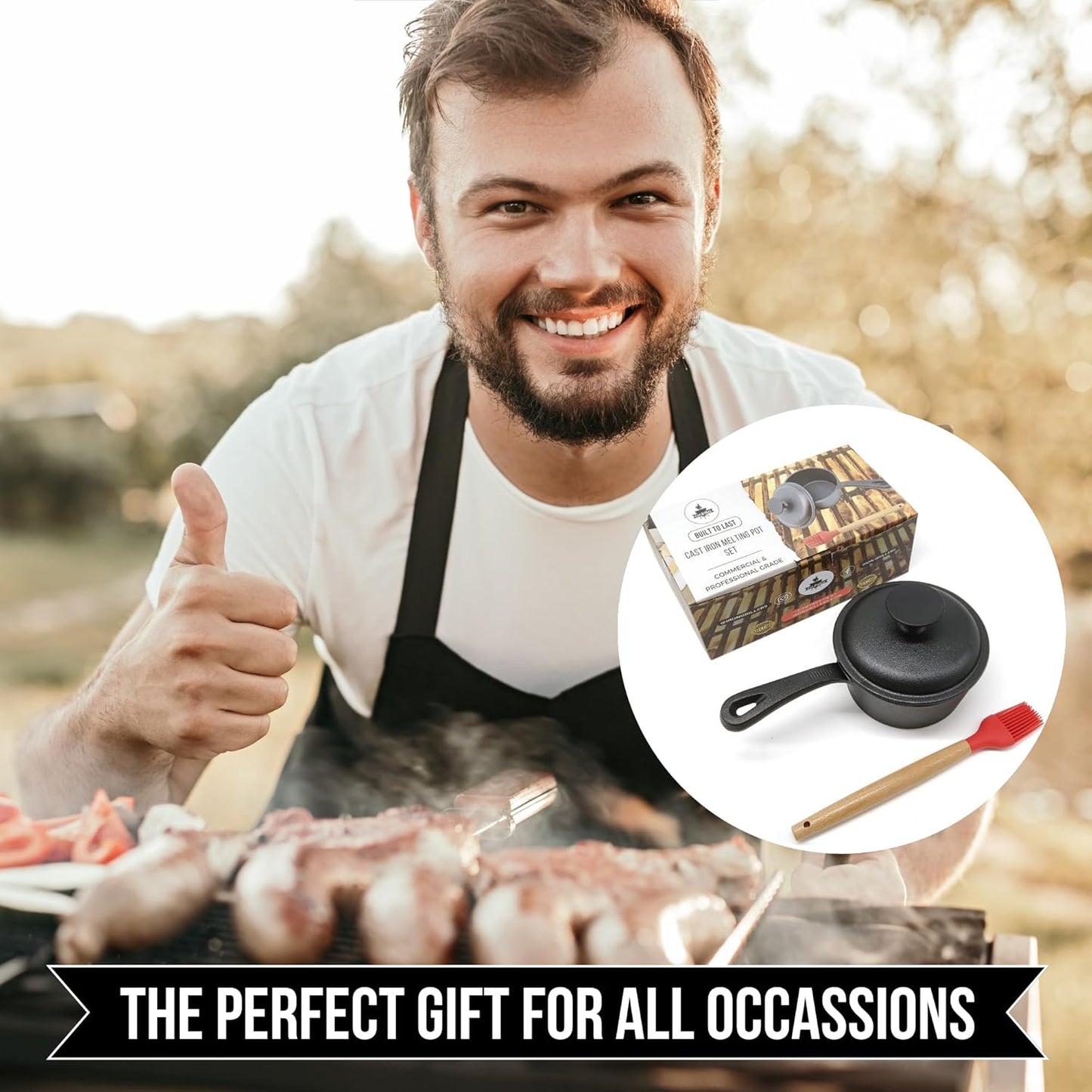1 QT Cast Iron Sauce Pot with Lid & BBQ Brush – Perfect for Melting Butter, Simmering Sauce & Cheese | Built for Grilling, Smoking & Camping – 32 Oz Capacity