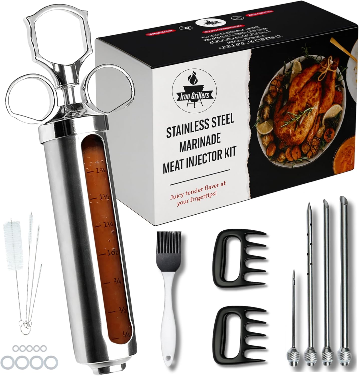 Professional Stainless Steel Marinade Meat Injector Syringe Kit for Tender BBQ, Brisket & Turkey