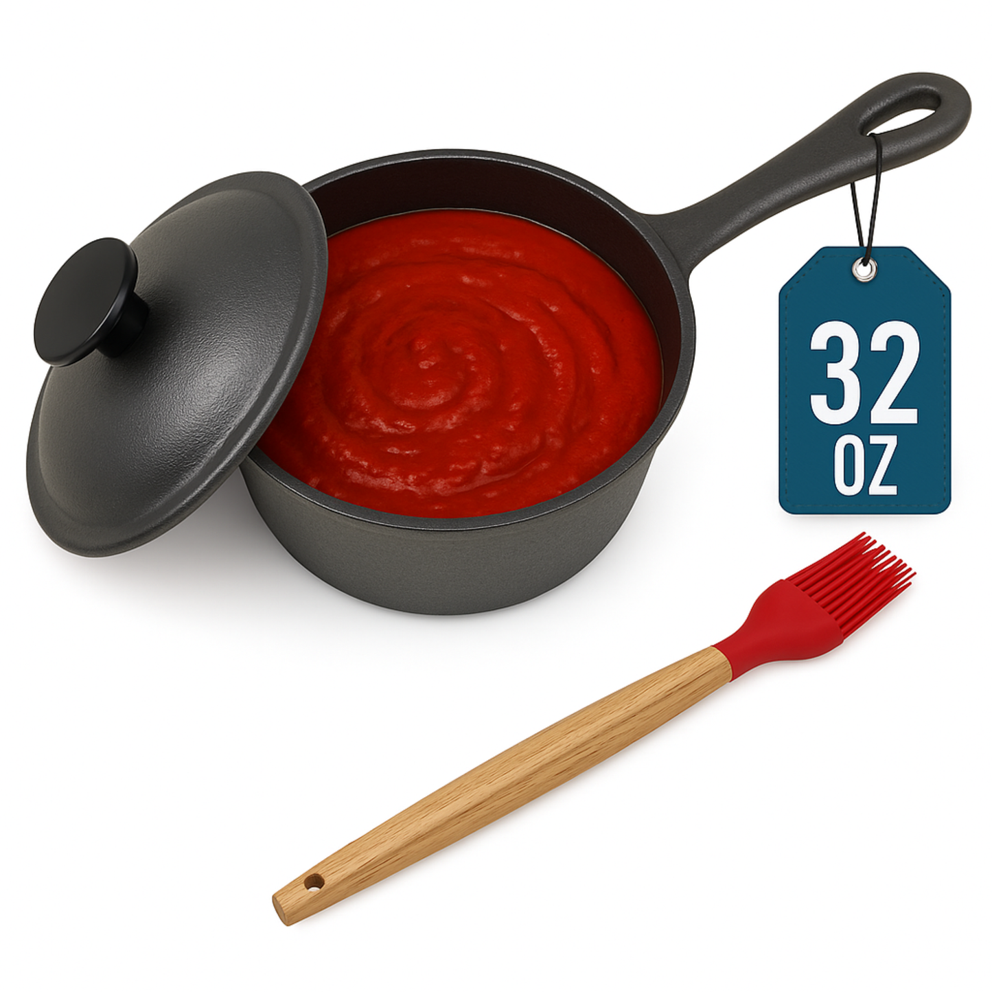1 QT Cast Iron Sauce Pot with Lid & BBQ Brush – Perfect for Melting Butter, Simmering Sauce & Cheese | Built for Grilling, Smoking & Camping – 32 Oz Capacity