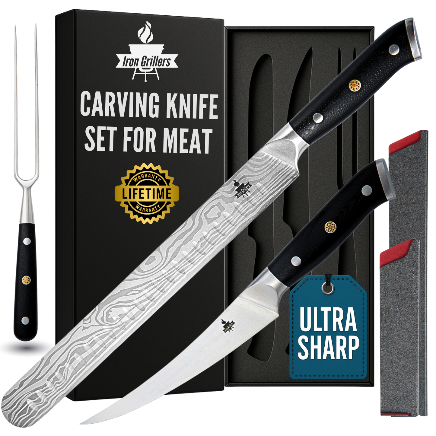 Professional Carving Knife Set for Meat, Brisket & BBQ - 12" Slicing Knife, 6" Boning Knife & Carving Fork - Razor Sharp German Steel