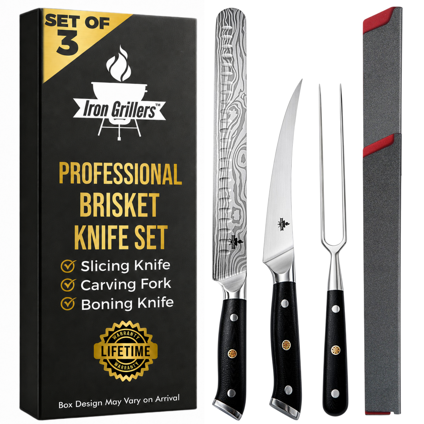 Professional Carving Knife Set for Meat, Brisket & BBQ - 12" Slicing Knife, 6" Boning Knife & Carving Fork - Razor Sharp German Steel