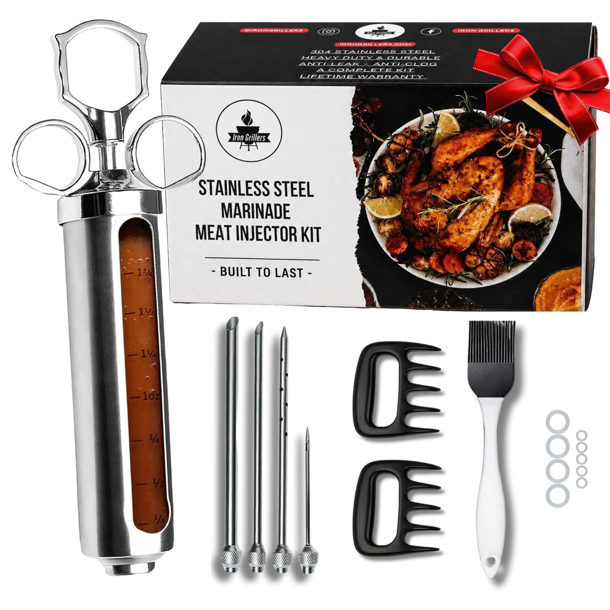 Professional Stainless Steel Meat Injector Kit with Shredding Claws & Brush, Leak-Proof Marinade Syringe for BBQ, Brisket & Turkey