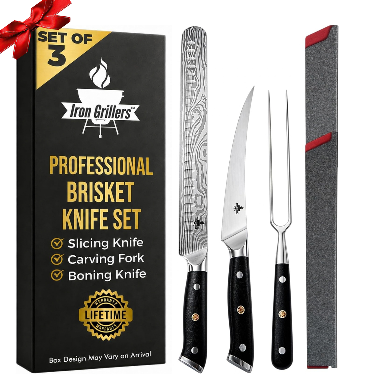 Professional Carving Knife Set for Meat, Brisket & BBQ - 12" Slicing Knife, 6" Boning Knife & Carving Fork - Razor Sharp German Steel