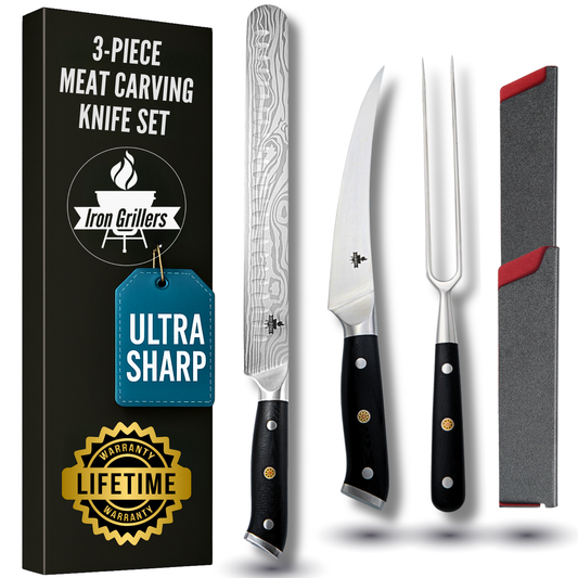 Professional BBQ Carving Knife Set for Meat – 12” Brisket Slicing Knife + 6" Boning Knife & Carving Fork