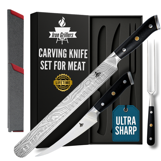 Professional Carving Knife Set for Meat, Brisket & BBQ - 12" Slicing Knife, 6" Boning Knife & Carving Fork - Razor Sharp German Steel
