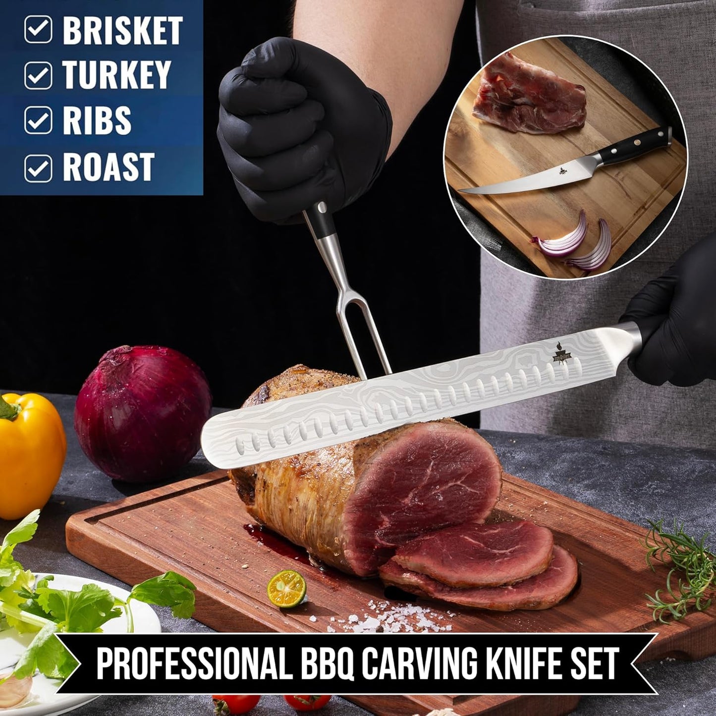BBQ Carving Knife Set – 12" Brisket Slicing Knife  + 6" Boning Knife & 6" Carving Fork for Meat Cutting - Razor Sharp German Steel & Full Tang