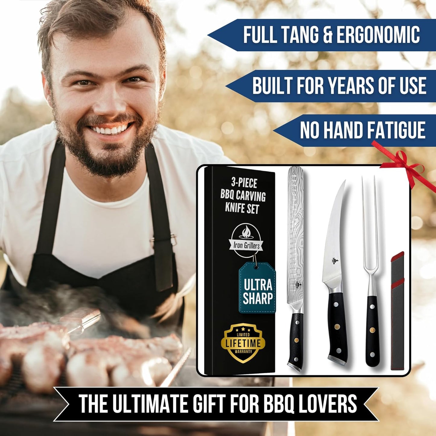 BBQ Carving Knife Set – 12" Brisket Slicing Knife  + 6" Boning Knife & 6" Carving Fork for Meat Cutting - Razor Sharp German Steel & Full Tang