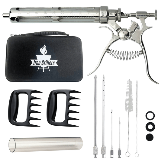 Professional Marinade Meat Injector Gun Kit with Meat Shredder Claws & Extra Glass Tube - Iron Grillers