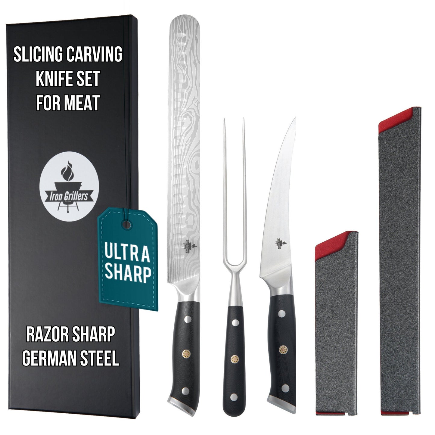 Slicing Carving Knife Set for Meat Cutting - Brisket, Turkey, BBQ & More - Iron Grillers